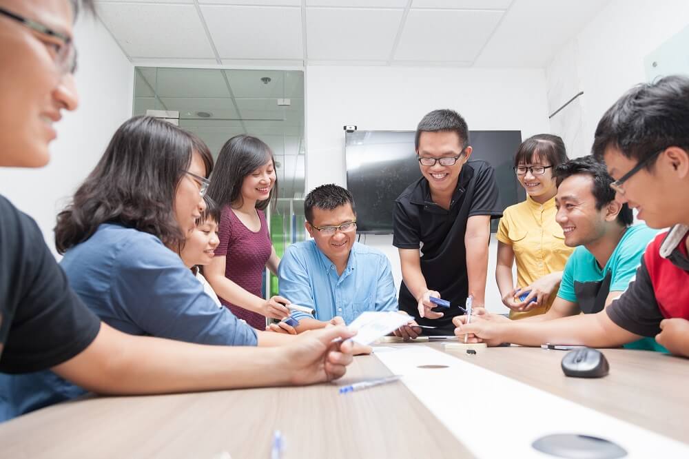 Company employees having a leadership training session funded by a business loan