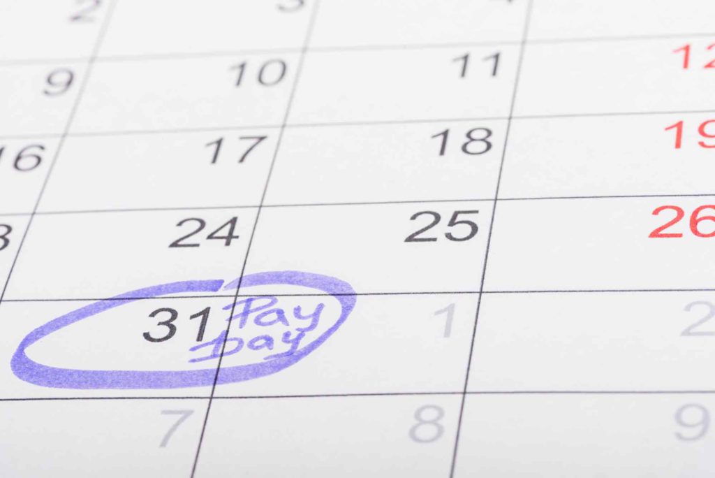 Calendar with a circled date marked ‘payday’, for when employers disburse payrolls financed using a working capital loan